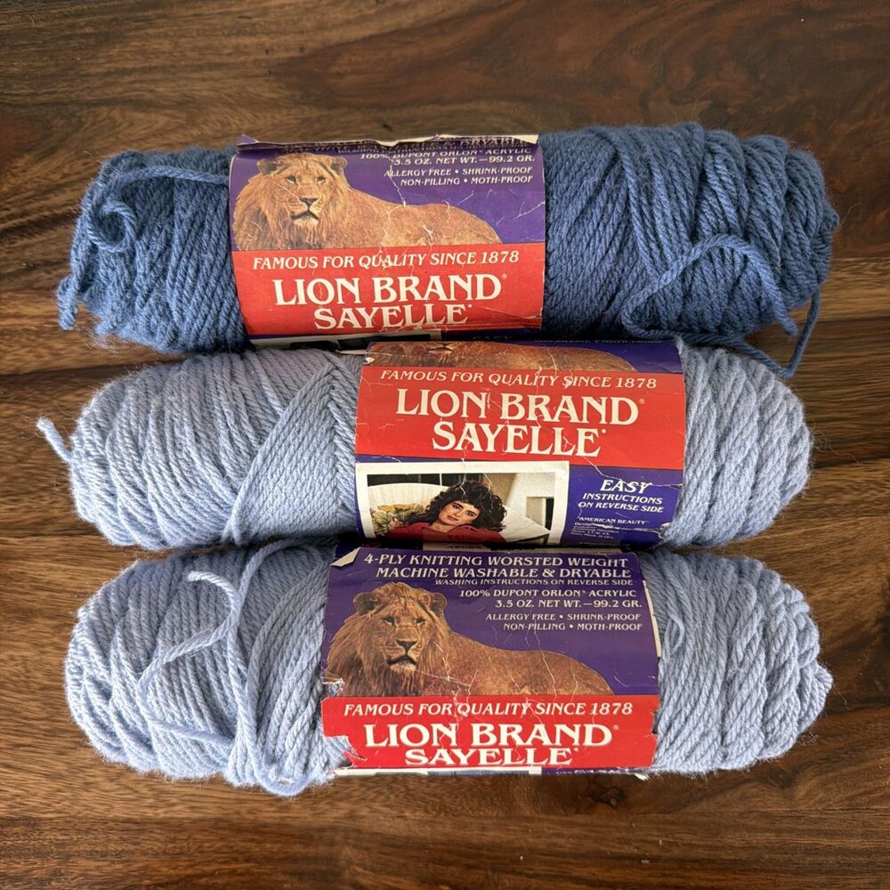 Vintage Lion Brand Sayelle Blues Yarn 3 Skeins 4-Ply Worsted 100% Orlon Acrylic